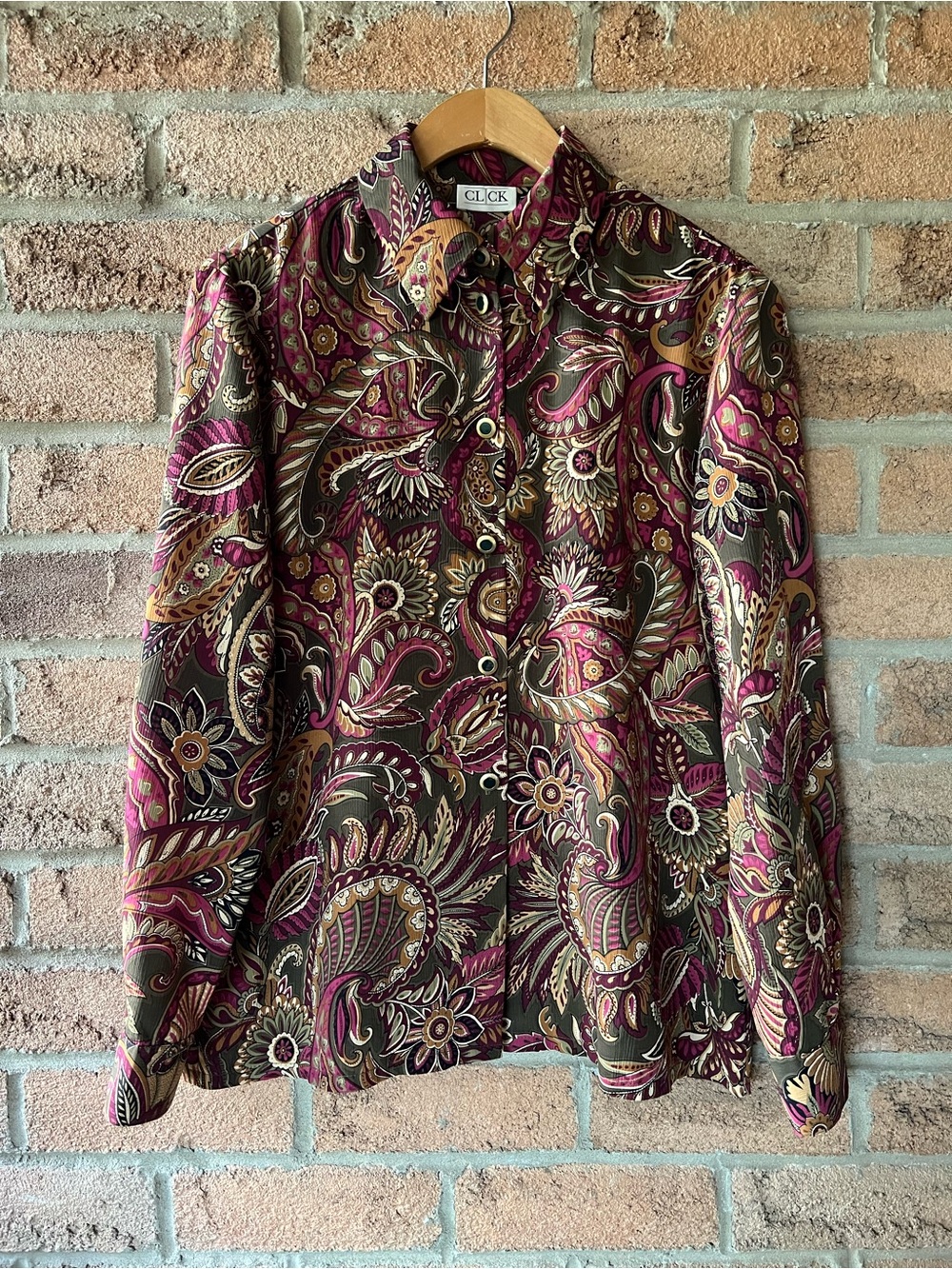 CLICK Vintage Paisley Floral Button Down Blouse Boho Retro Statement Shirt
